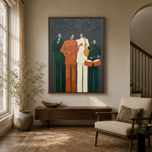 Bold musicians wall art in dark walnut float frame hung in modern entryway hallway