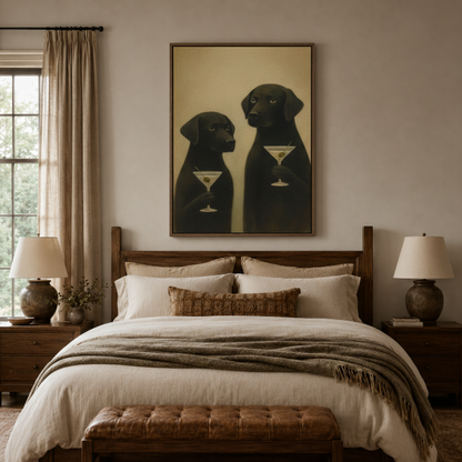 Dog martini canvas print – moody dark style wall art for entryway or home bar by Aurewall