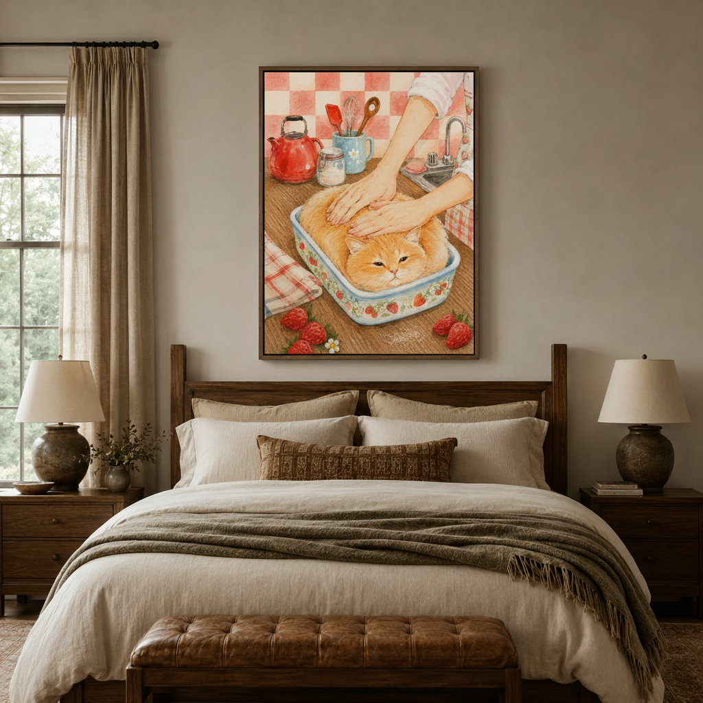 Funny cat loaf watercolor wall art in dark walnut frame above bedroom bed
