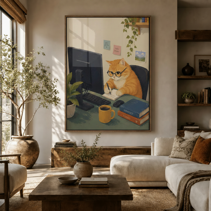 Office cat illustration canvas print displayed in warm neutral living room above console table