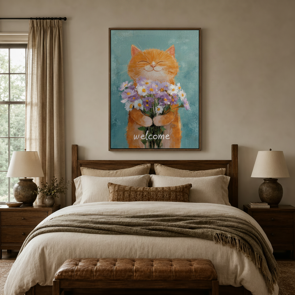 Cute cat floral canvas wall art in dark walnut float frame above bedroom headboard