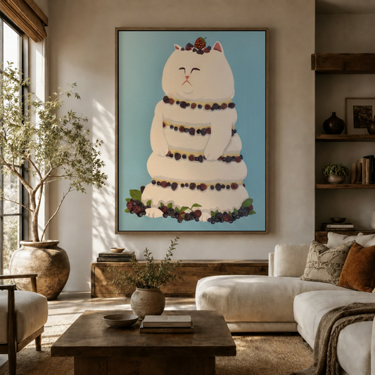 Whimsical cat cake canvas wall art displayed in a warm living room with olive tree and white sofa