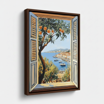 Mediterranean window view framed canvas wall art – classic oil painting with open shutters overlooking blue sea and sailboats by Aurewall