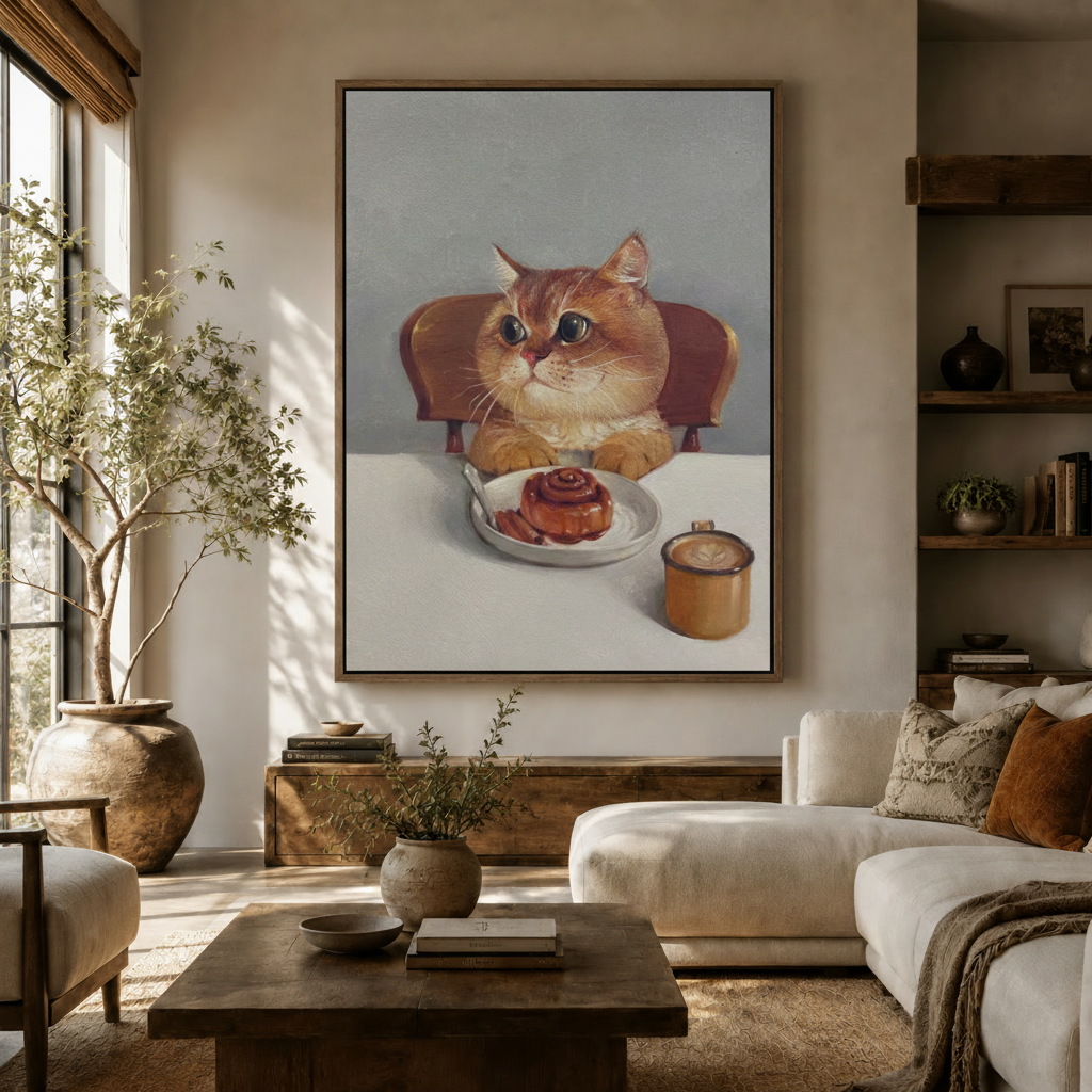 Cute orange tabby cat cinnamon roll oil painting canvas displayed above a wooden sideboard in a warm living room