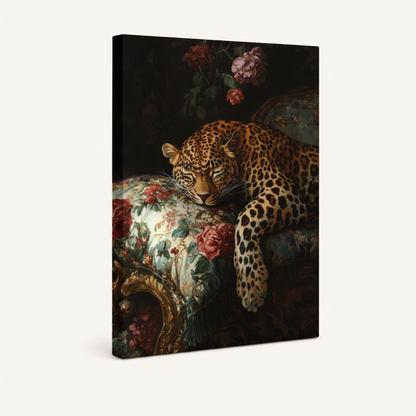 Dark baroque leopard floral stretched canvas print – unframed Dutch master oil painting with leopard and lush tropical blooms by Aurewall