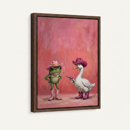 Cowboy frog and duck canvas wall art – funny pink western animal print with cowboy hats and boots, framed living room decor by Aurewall