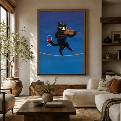 Funny black cat violin canvas wall art displayed in a warm neutral living room above a wooden sideboard