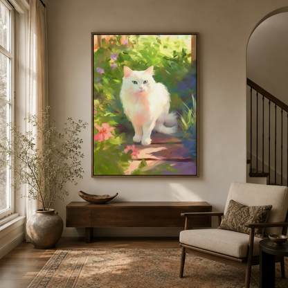 White cat garden anime oil painting canvas in dark float frame above entryway console