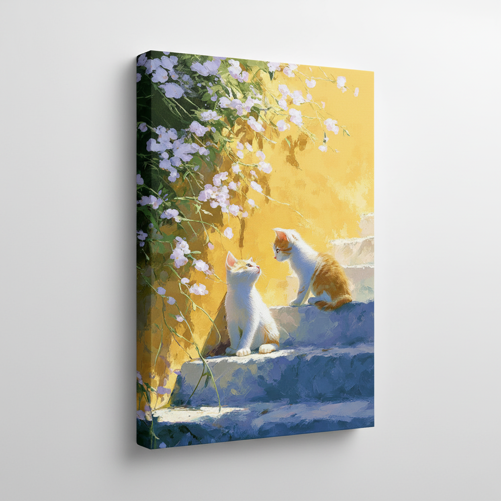 Colorful rainbow cat stretched canvas print – unframed impressionist oil painting with vibrant multicolor cat coat and warm sunlight by Aurewall
