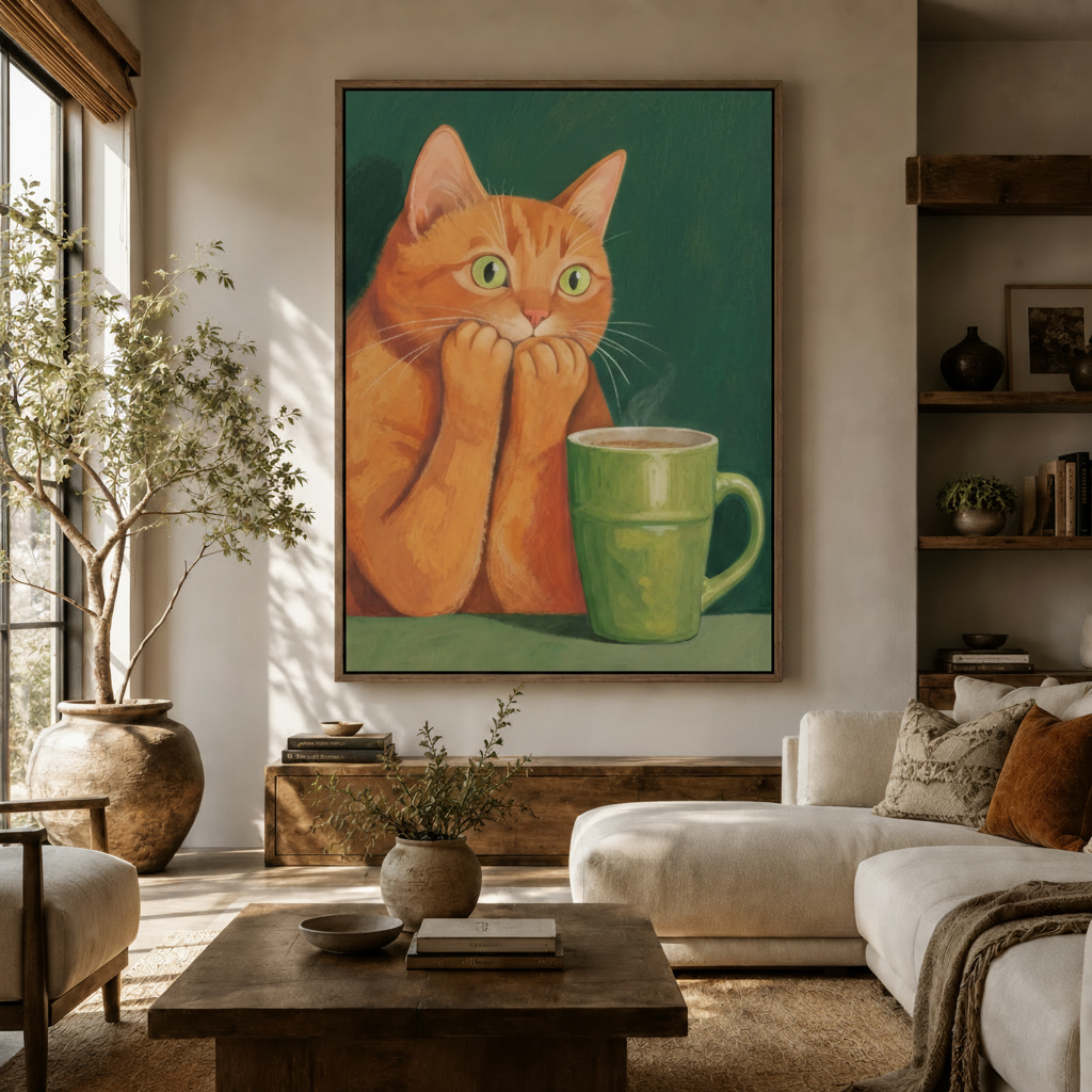 Whimsical shocked cat canvas wall art displayed in a warm neutral living room above a walnut sideboard