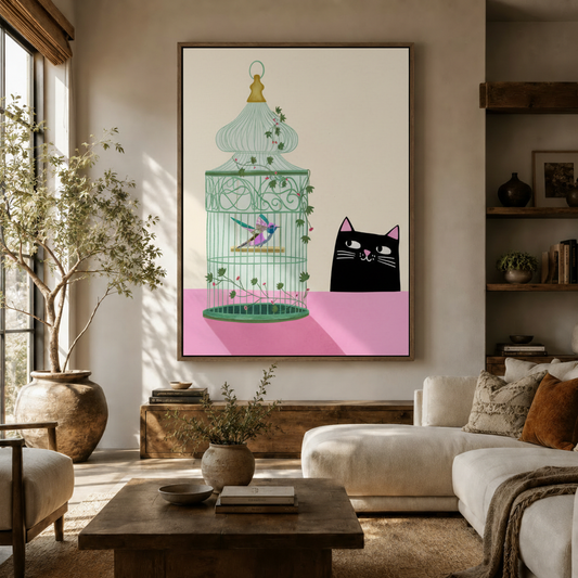 Whimsical black cat birdcage canvas wall art displayed in a cozy living room above a wooden sideboard