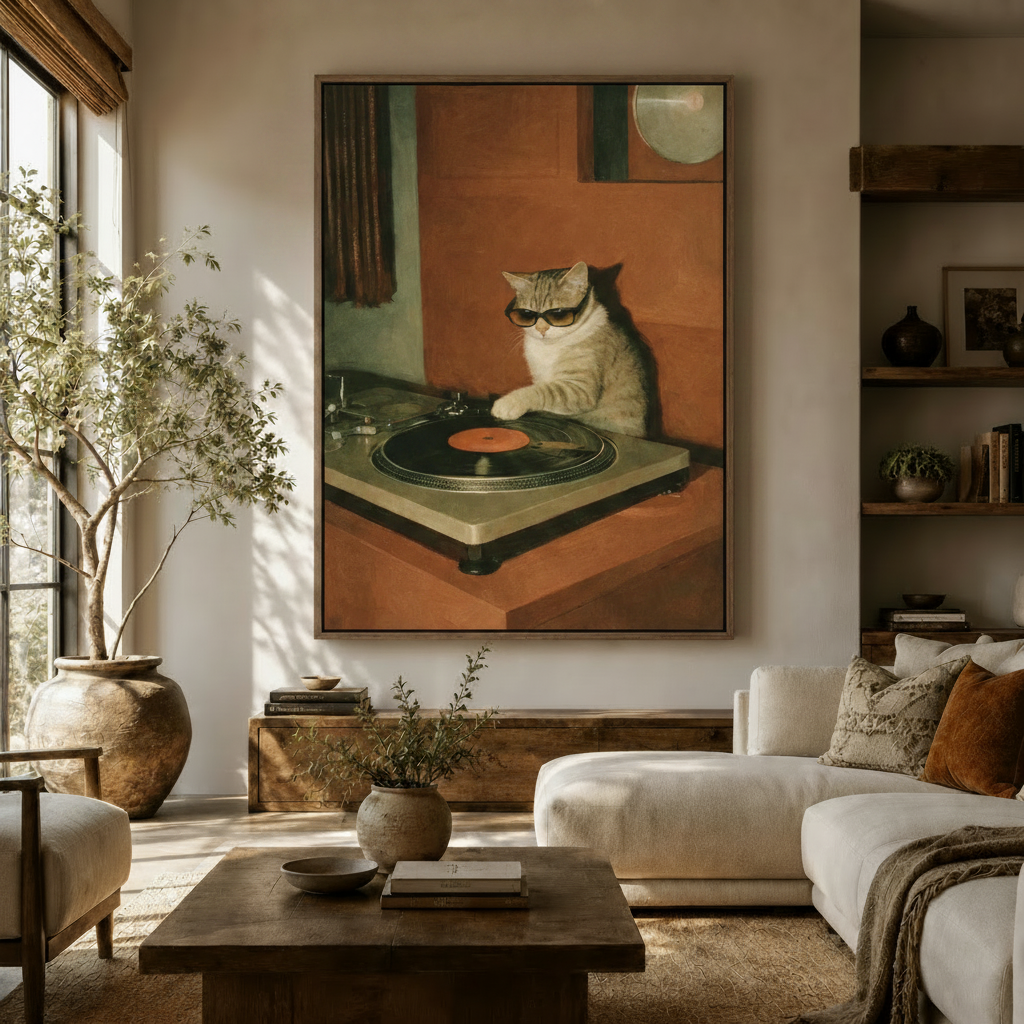 Retro DJ cat canvas wall art above sofa in a warm modern living room – vintage oil painting style by Aurewall