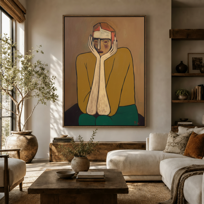 Cubist expressionist figure canvas print displayed in a warm modern living room above a walnut sideboard