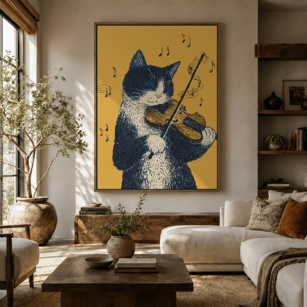 Cat playing violin ink illustration canvas print displayed above sofa in warm living room