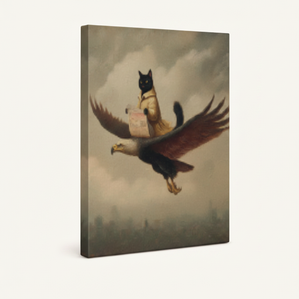 Funny squirrel riding eagle stretched canvas print – unframed surreal oil painting with squirrel on eagle back in soft golden light by Aurewall