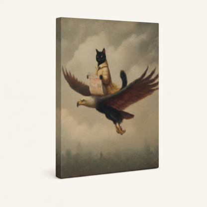 Funny squirrel riding eagle stretched canvas print – unframed surreal oil painting with squirrel on eagle back in soft golden light by Aurewall
