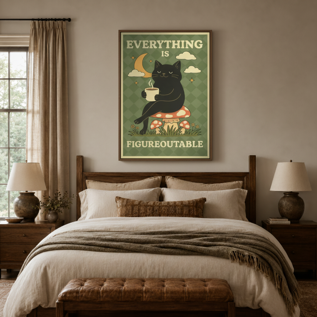 Black cat mushroom motivational canvas wall art bedroom detail – close-up of retro boho poster showing black cat face coffee cup colorful mushrooms and vintage green background by Aurewall