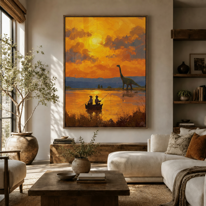 Whimsical dinosaur sunset canvas wall art displayed in a warm boho living room