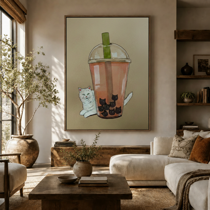 Whimsical cat boba tea canvas art displayed in a cozy living room above a wooden sideboard