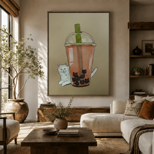 Whimsical cat boba tea canvas art displayed in a cozy living room above a wooden sideboard