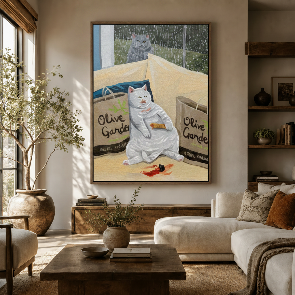 Funny cat canvas wall art in living room, chubby white cat with Olive Garden bags, float frame