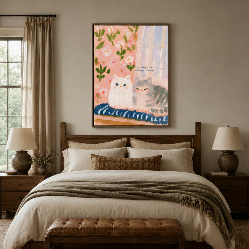 Cute cat couple canvas wall art displayed above bed in cozy neutral bedroom