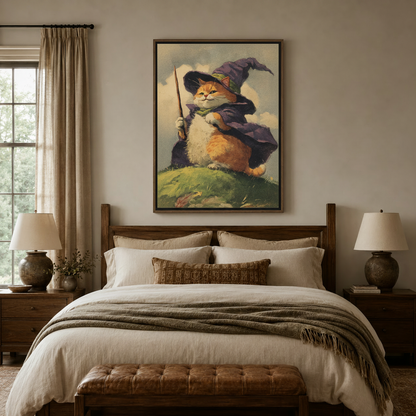 Vintage oil painting cat wizard canvas print in walnut float frame above bedroom bed
