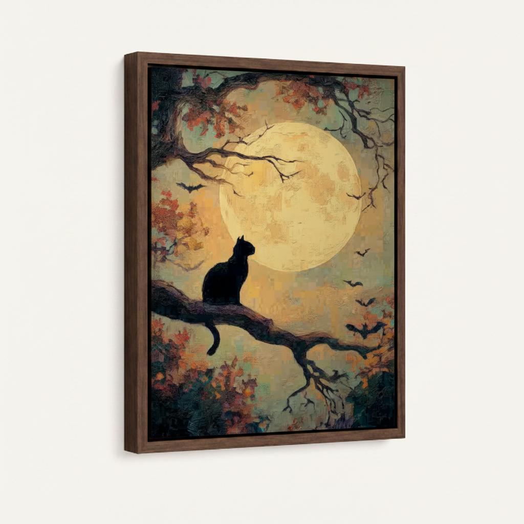 Black cat moon night framed canvas wall art – Japanese-style illustration with black cat on branch under full golden moon and butterflies by Aurewall
