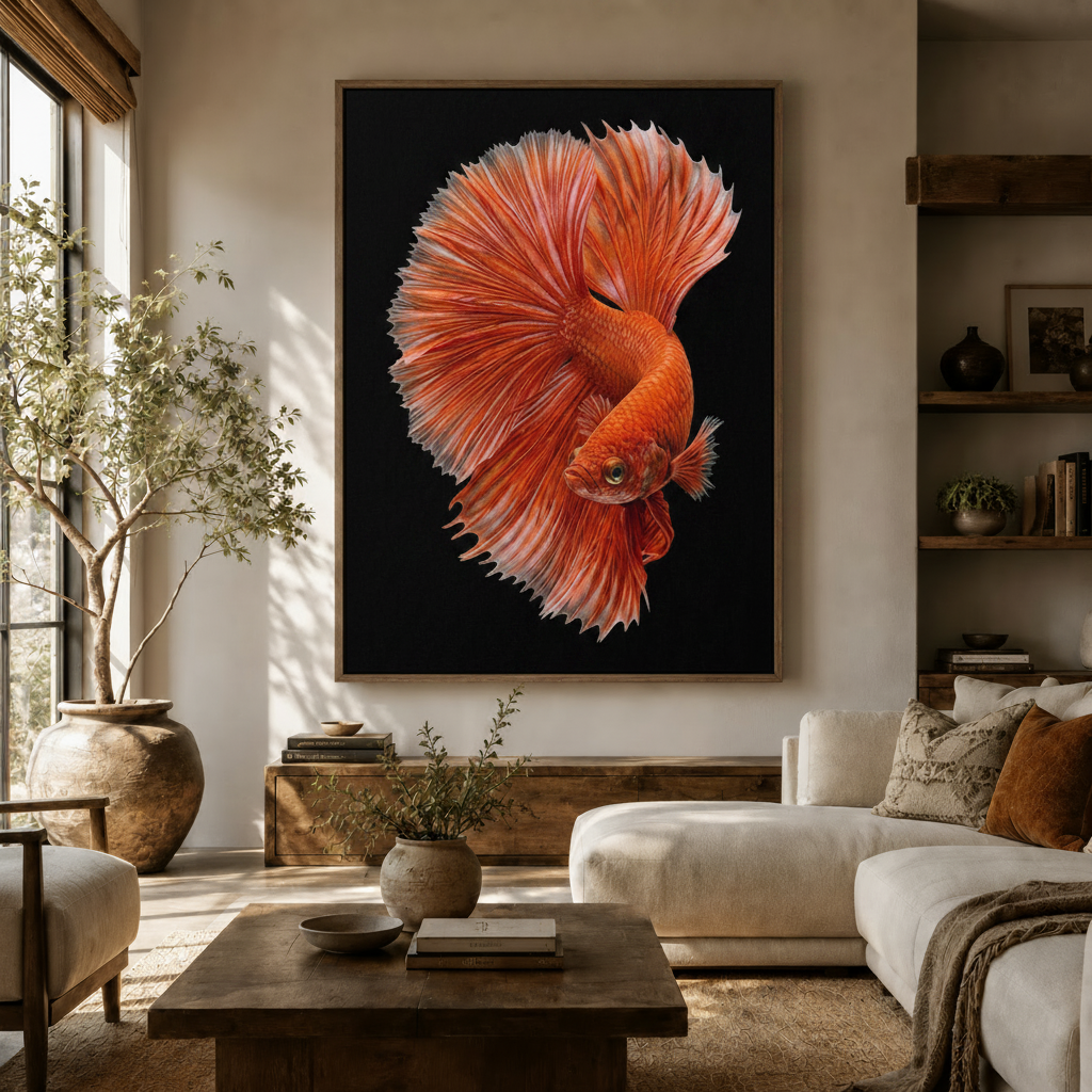 Photorealistic betta fish canvas wall art displayed above sofa in warm neutral living room