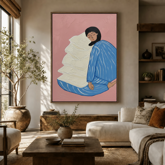 Impasto oil painting canvas print of sleeping woman in blue robe displayed above console in warm neutral living room