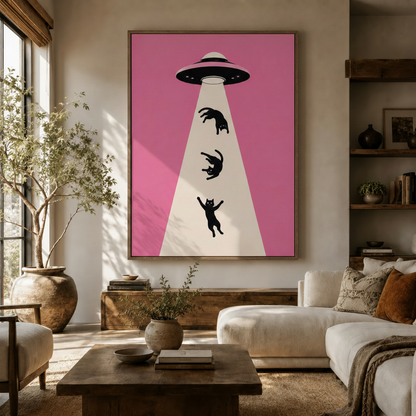 Pop art UFO abducting black cats canvas print displayed above console in warm neutral living room