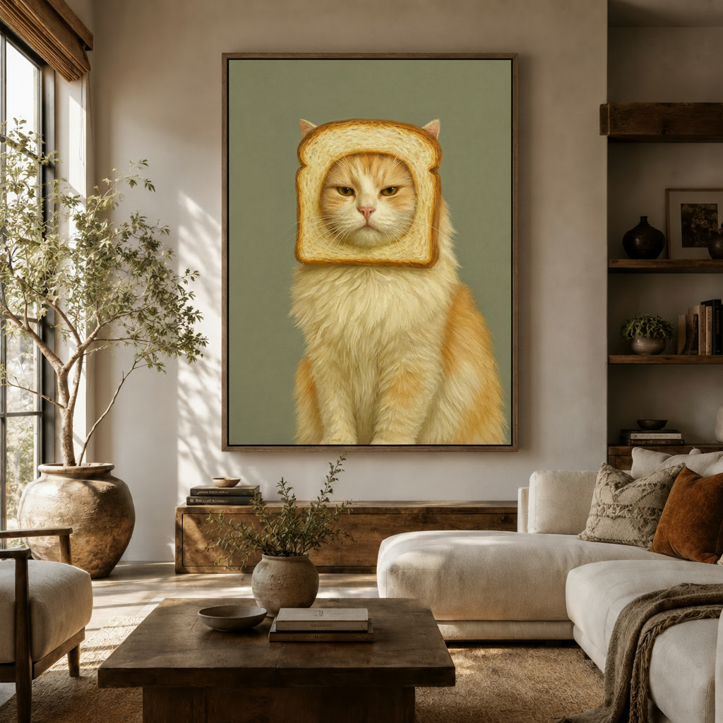 Bread cat hyperrealistic oil painting canvas print displayed above sofa in warm earthy living room