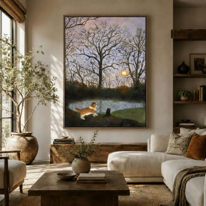 Impressionist corgi moonlit pond canvas print displayed in a warm Japandi living room above a wooden sideboard