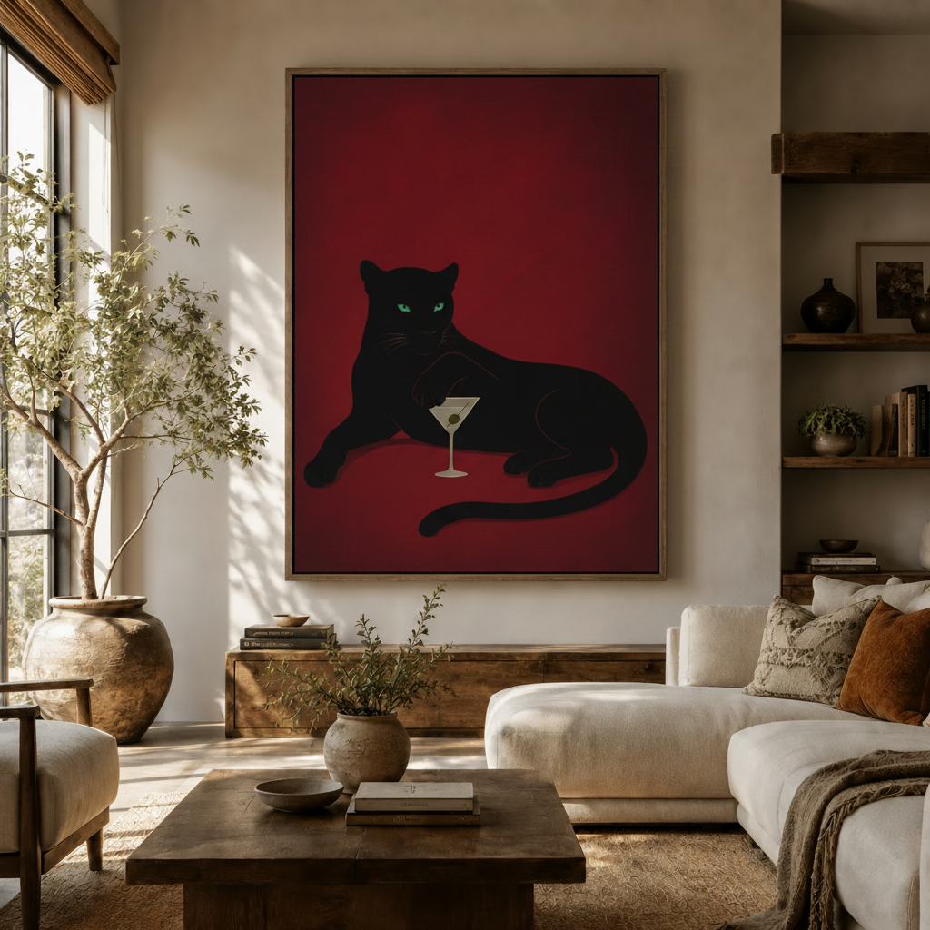 Black panther martini canvas wall art displayed in warm-toned modern living room above wooden console