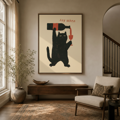 Say when black cat wine canvas print displayed in a warm entryway with walnut console and arched doorway