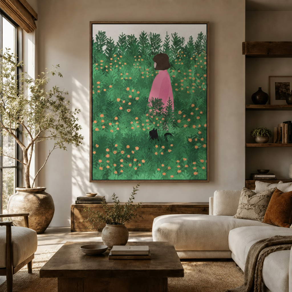 Girl in flower field illustration framed canvas art displayed in a warm modern living room