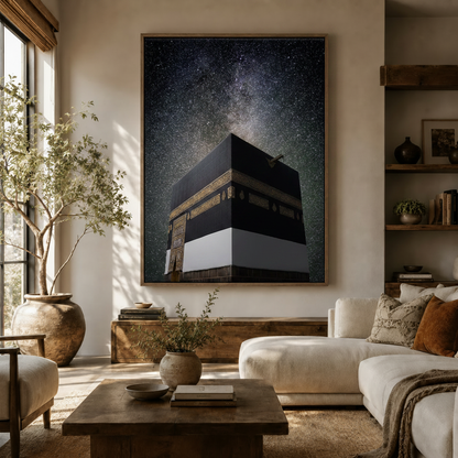 Kaaba night sky Islamic canvas wall art in living room, Milky Way above, dark walnut float frame