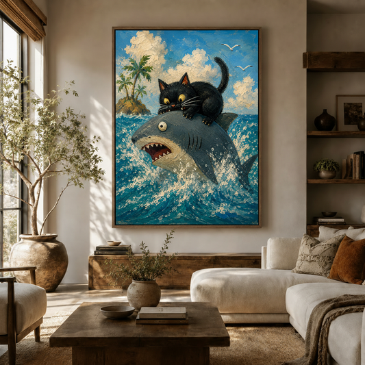 Black cat riding shark impasto oil painting canvas displayed in a warm neutral living room with olive tree