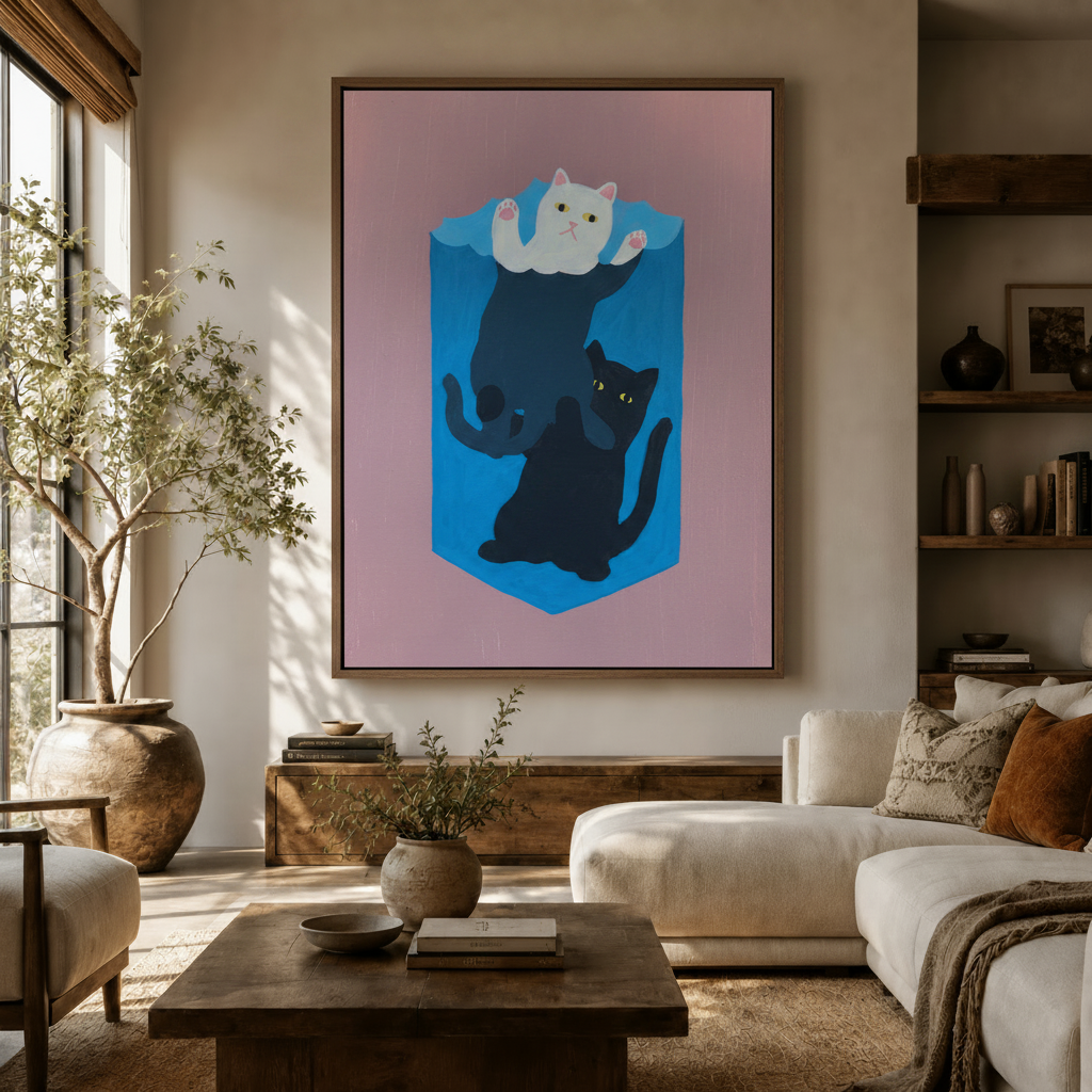 Whimsical stacked cats canvas wall art displayed in a warm living room above a wooden sideboard