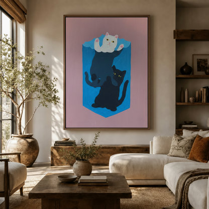 Whimsical stacked cats canvas wall art displayed in a warm living room above a wooden sideboard