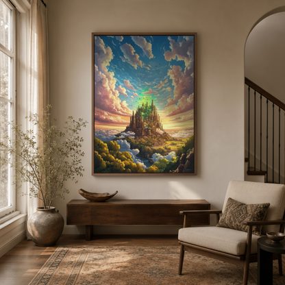 Epic fantasy castle canvas wall art in entryway – magical sky illustration as bold statement piece for hallway decor by Aurewall