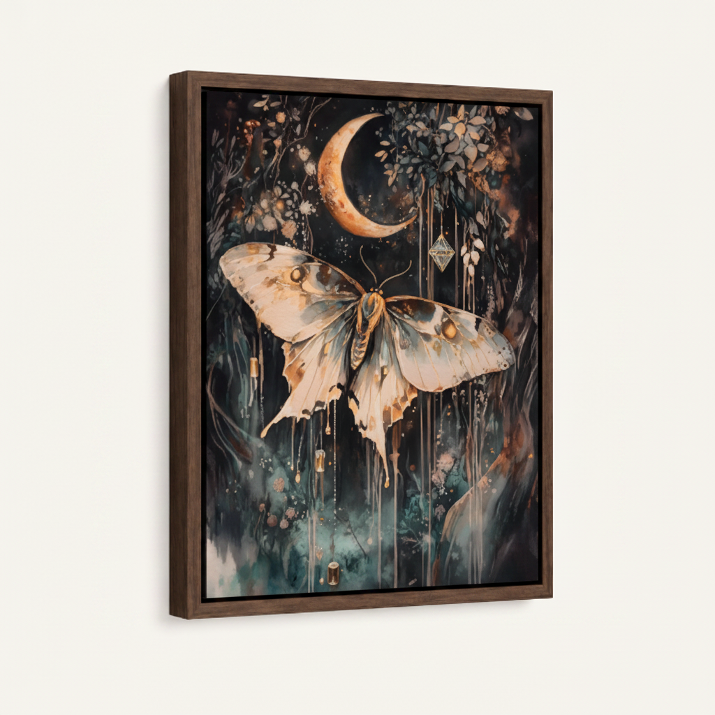 Luna moth framed canvas wall art – mystical boho watercolor print with crescent moon and hanging crystal pendants by Aurewall