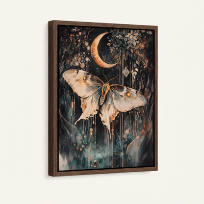 Luna moth framed canvas wall art – mystical boho watercolor print with crescent moon and hanging crystal pendants by Aurewall