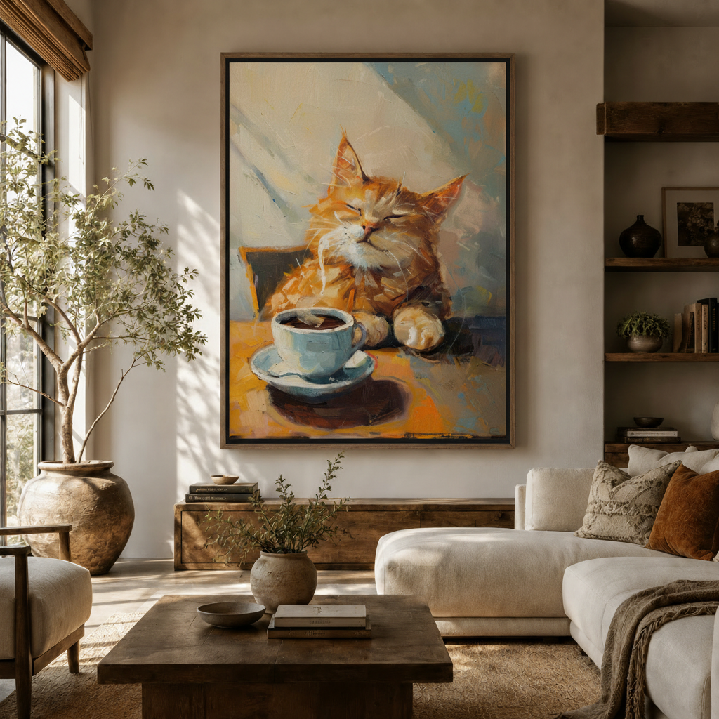 Orange cat coffee oil painting canvas hanging in a warm Japandi living room above a wooden sideboard