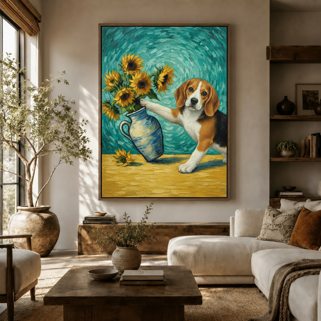 Beagle sunflower impasto canvas print displayed in warm neutral living room above wooden console