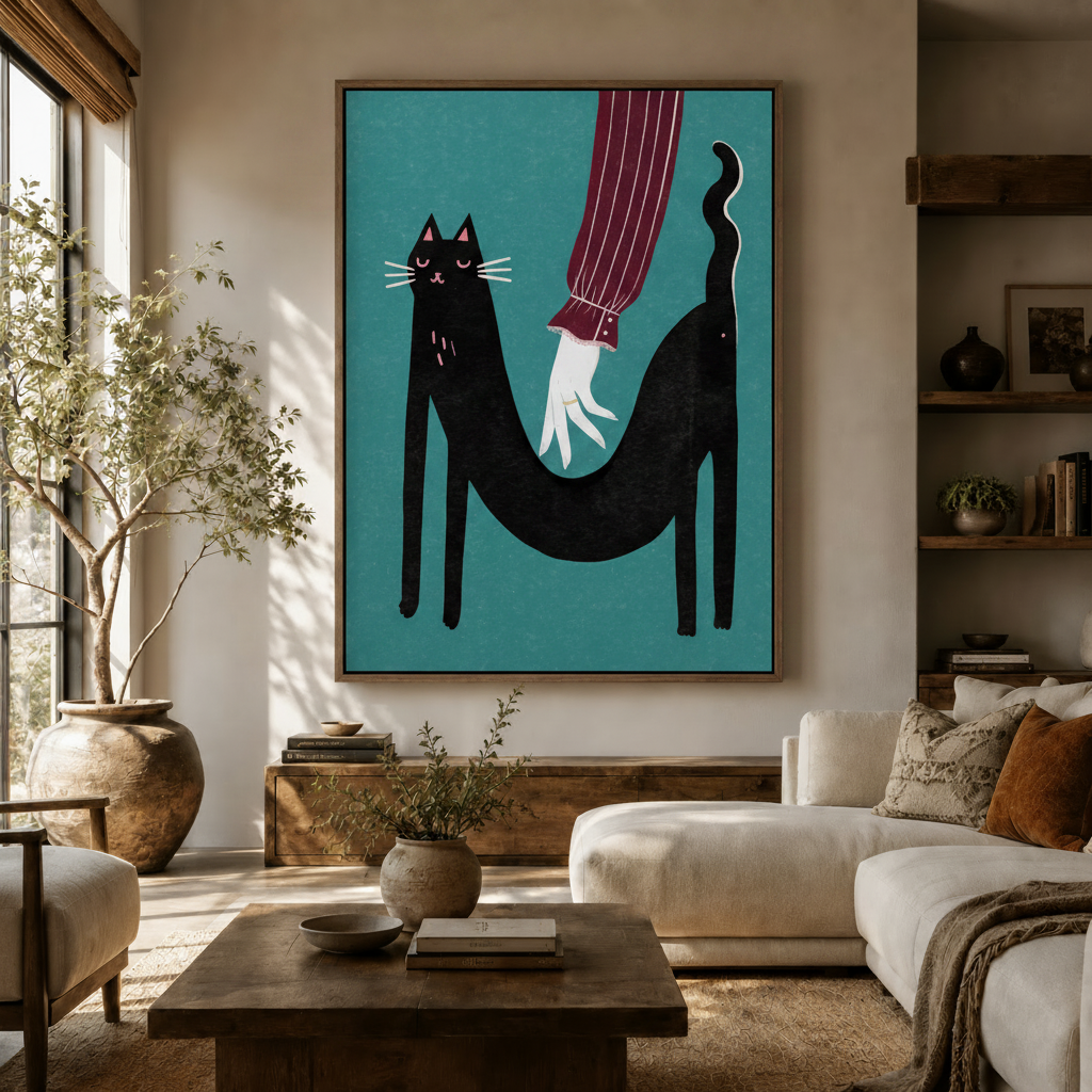 Black cat wall art print in walnut float frame displayed above sofa in modern living room