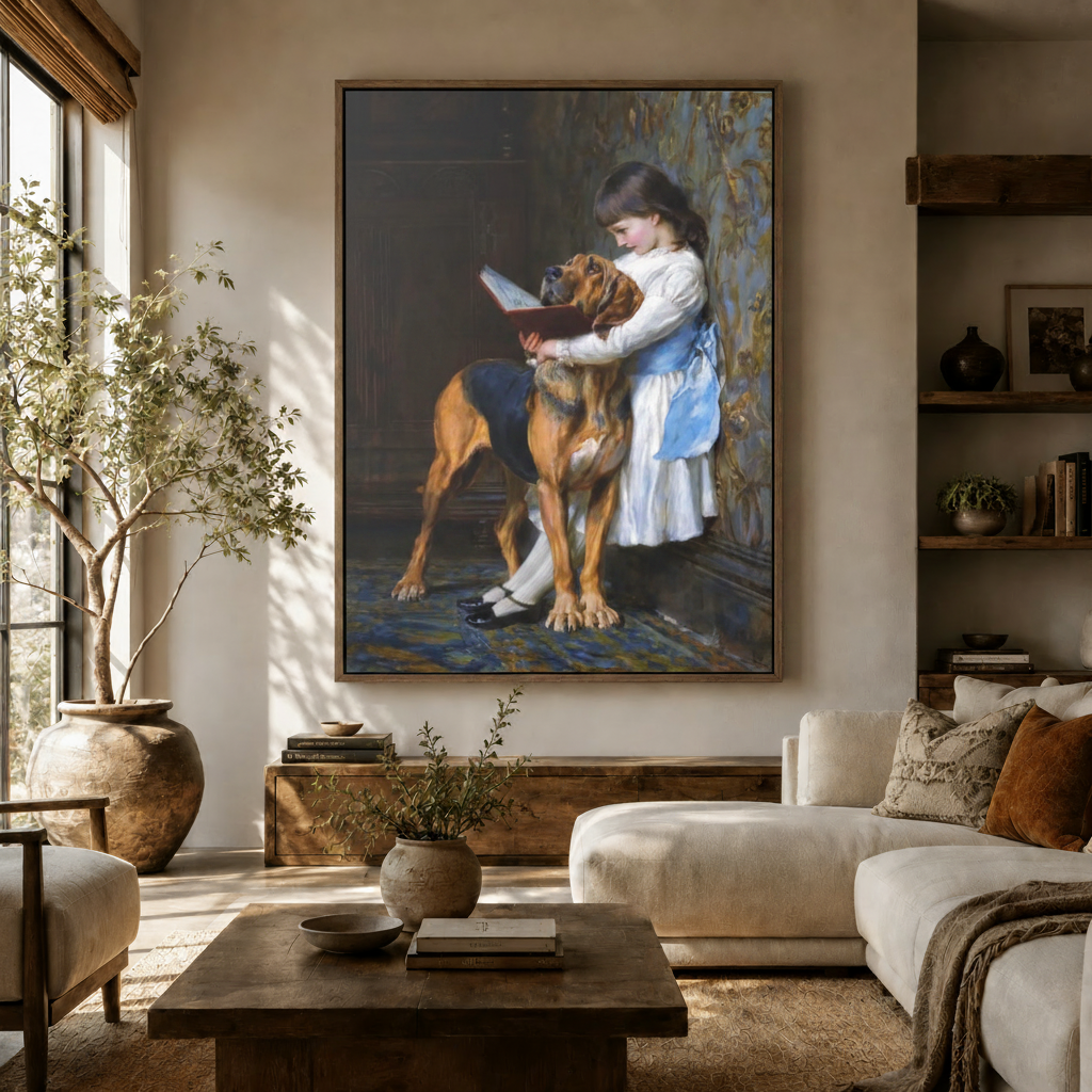 Victorian girl reading to Bloodhound dog canvas wall art displayed above white sofa in living room