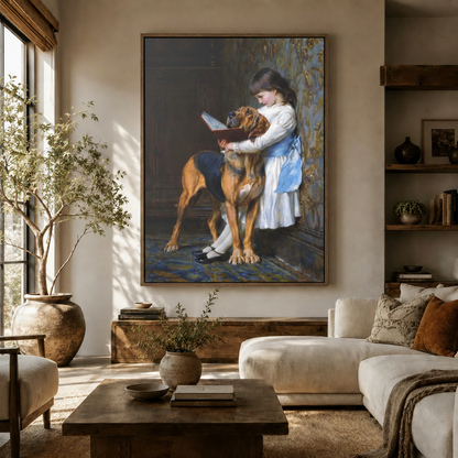 Victorian girl reading to Bloodhound dog canvas wall art displayed above white sofa in living room