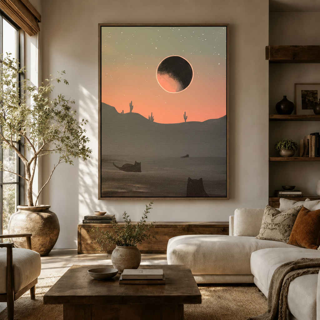 Moody desert eclipse black cats canvas wall art in warm neutral living room above walnut credenza