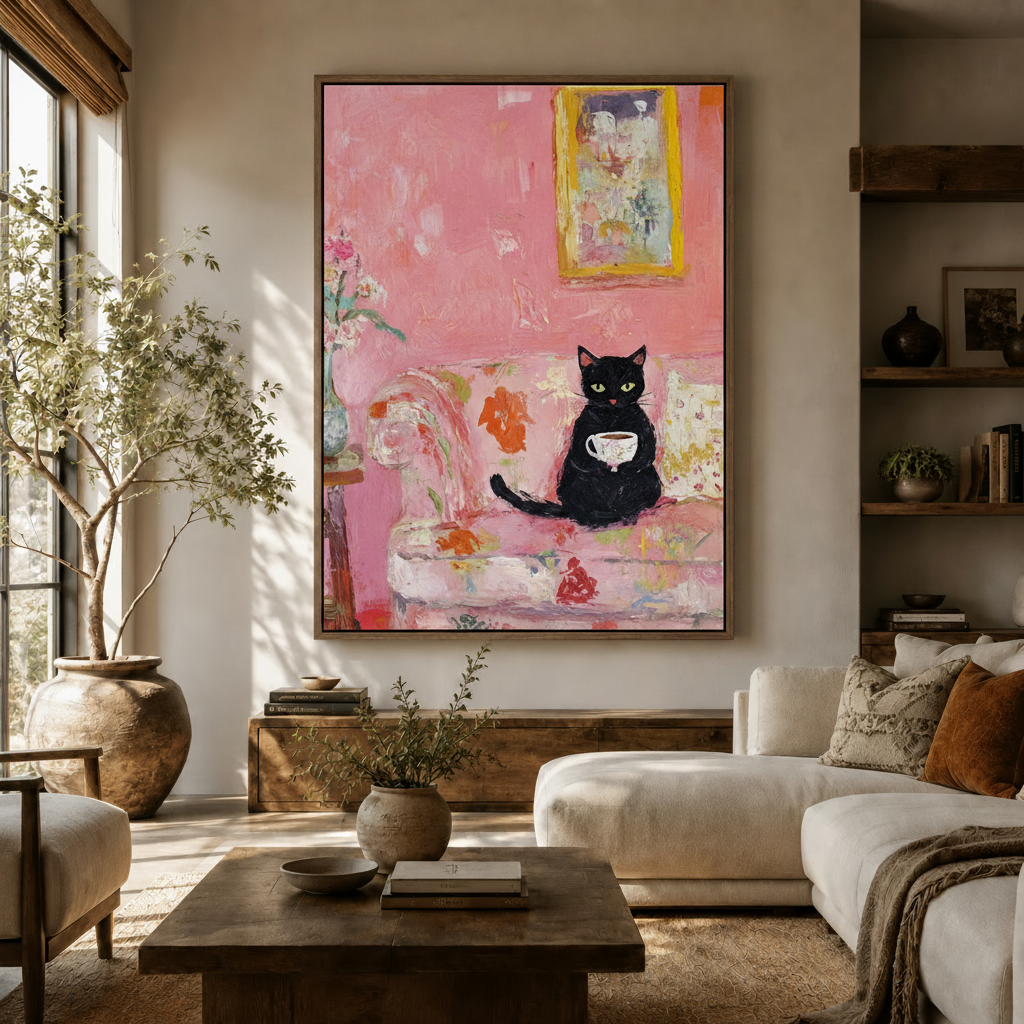 Impressionist black cat teacup canvas print above wooden sideboard in warm neutral living room